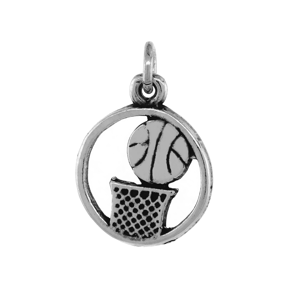 Sterling Silver Basketball Necklace Antiqued finish 3/4 inch, 16 - 30 inch 0.8mm Box Chain