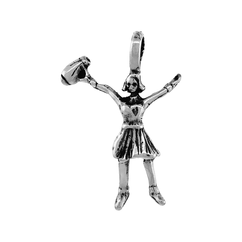 STERLING SILVER CHEERLEADER PENDANT ANTIQUED FINISH 1 1/6 INCH