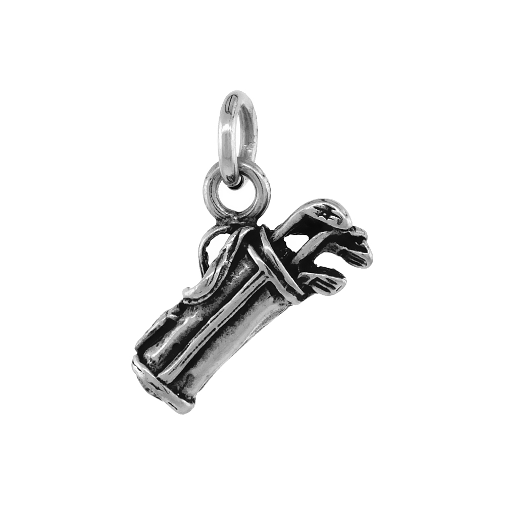 STERLING SILVER GOLF BAG WITH CLUBS PENDANT ANTIQUED FINISH 3/4 INCH