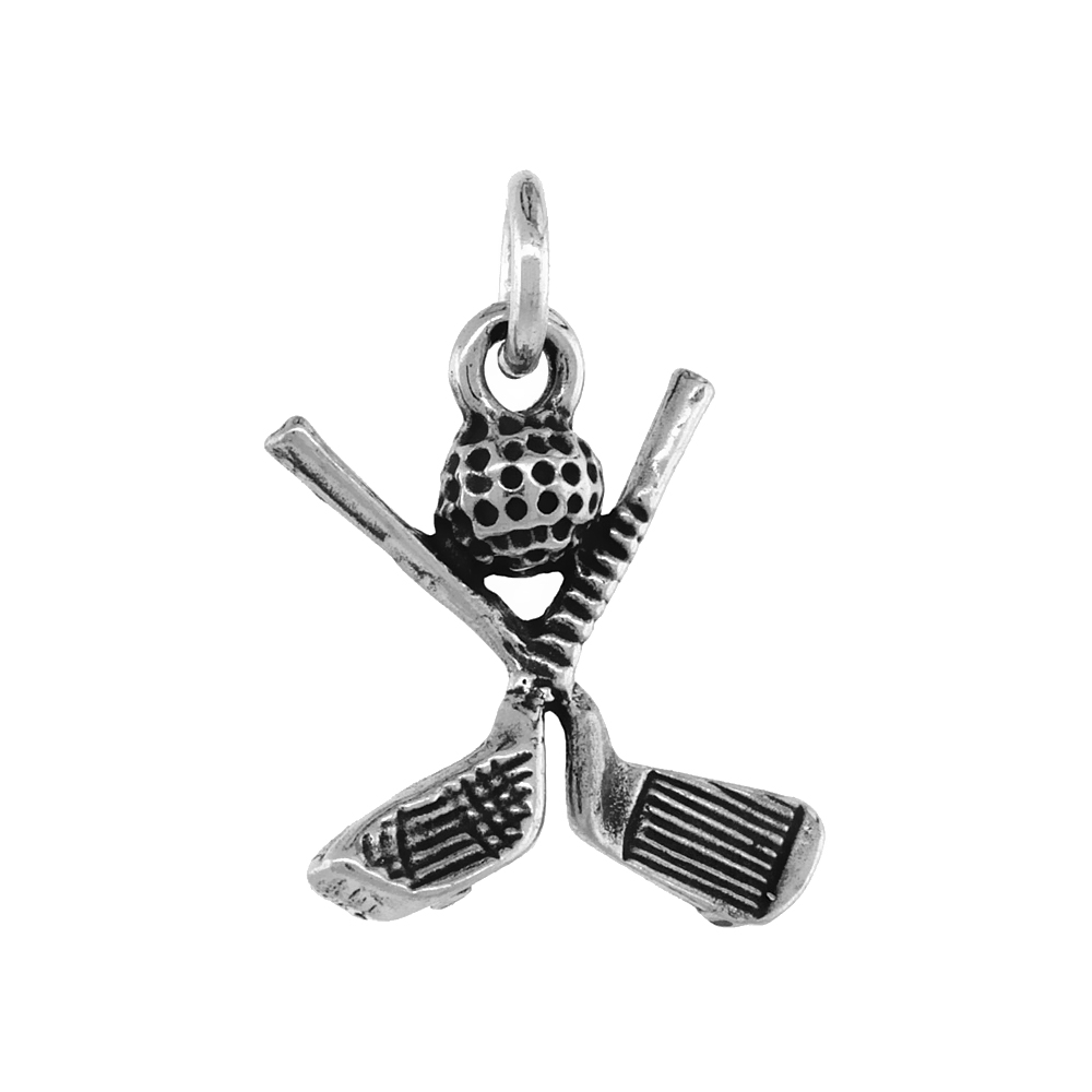 STERLING SILVER GOLF BALL AND CLUBS PENDANT ANTIQUED FINISH 3/4 INCH