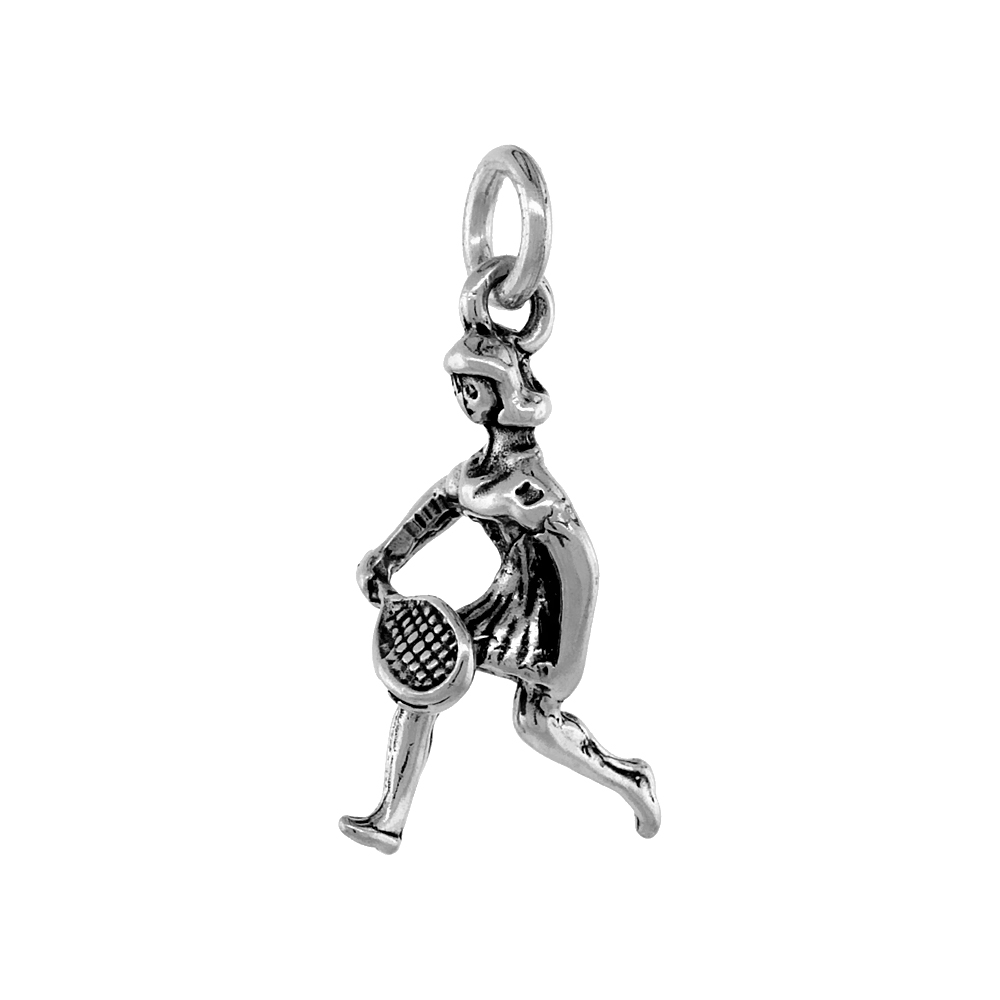 Sterling Silver Woman Tennis Player Necklace Antiqued finish 1 inch, 16 - 30 inch 0.8mm Box Chain