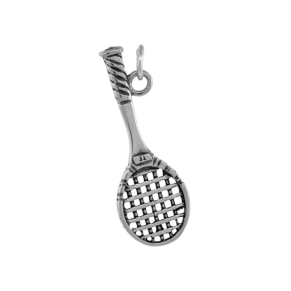 STERLING SILVER TENNIS RACKET PENDANT ANTIQUED FINISH 1 3/8 INCH