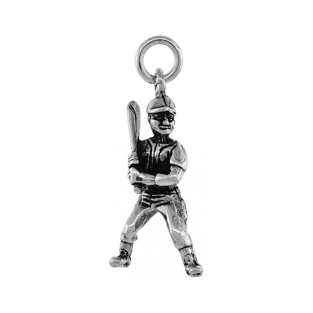 STERLING SILVER BASEBALL PLAYER PENDANT ANTIQUED FINISH 1 INCH