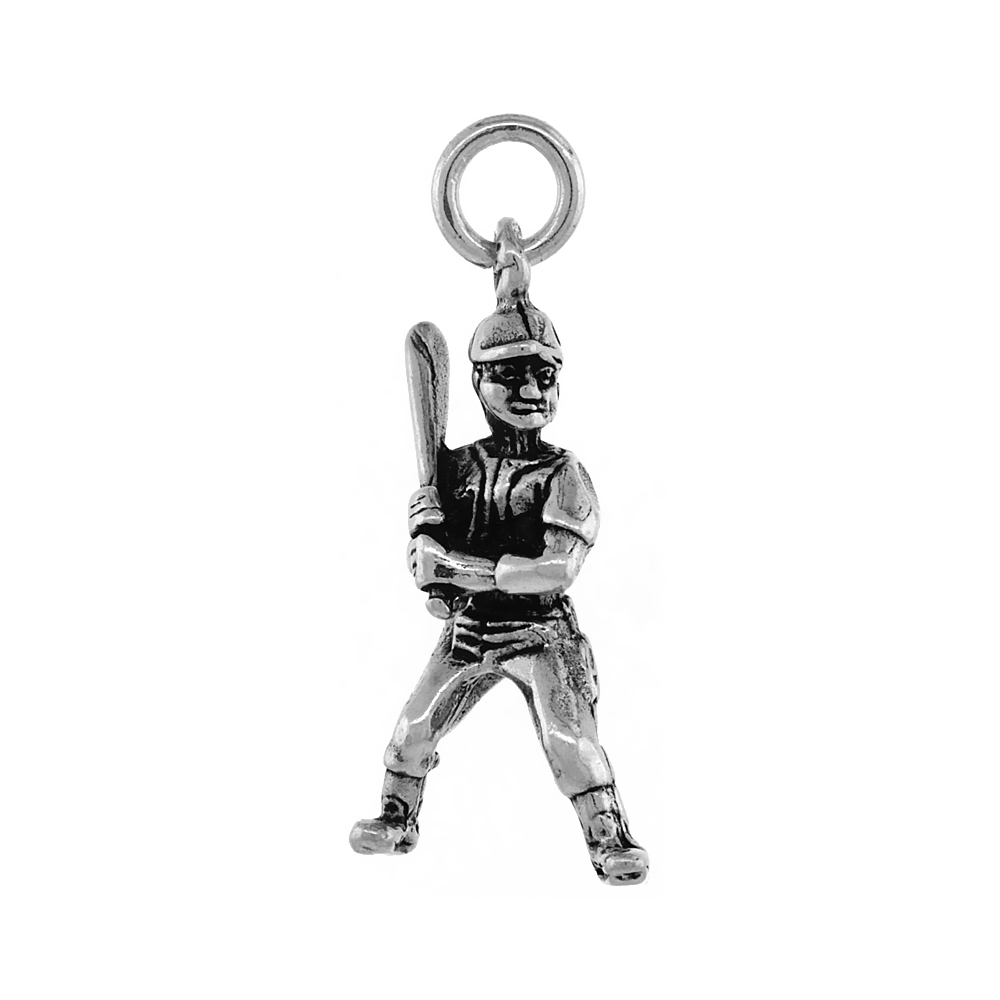 Sterling Silver Baseball Player Necklace Antiqued finish 1 inch, 16 - 30 inch 0.8mm Box Chain