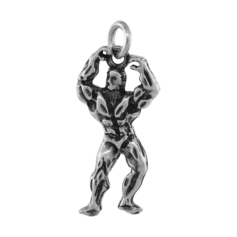 STERLING SILVER BODY BUILDER PENDANT ANTIQUED FINISH 1 3/16 INCH
