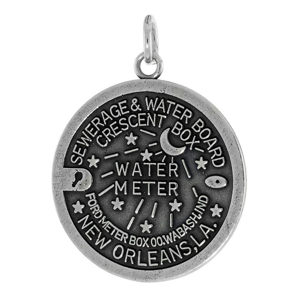 STERLING SILVER NEW ORLEANS WATER METER MANHOLE COVER NECKLACE ANTIQUED FINISH 1 INCH TALL