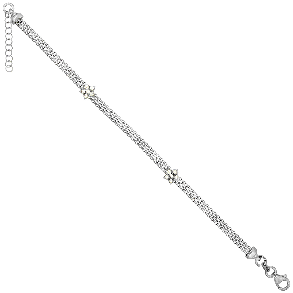 STERLING SILVER MESH BRACELET STAR CZ ACCENT RHODIUM FINISH, 7 INCHES LONG WITH 1 INCH EXTENSION