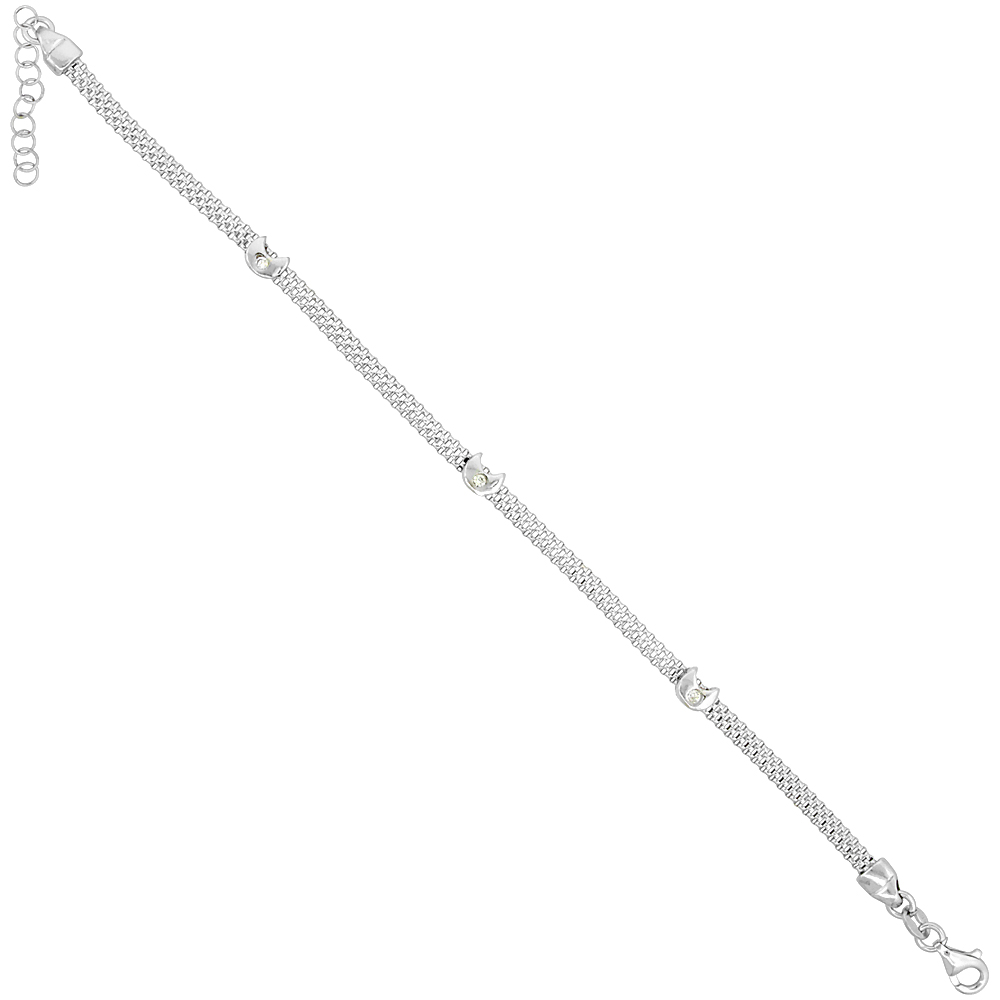 STERLING SILVER MESH BRACELET CRESCENT MOON CZ ACCENT RHODIUM FINISH, 7 INCHES LONG WITH 1 INCH EXTENSION