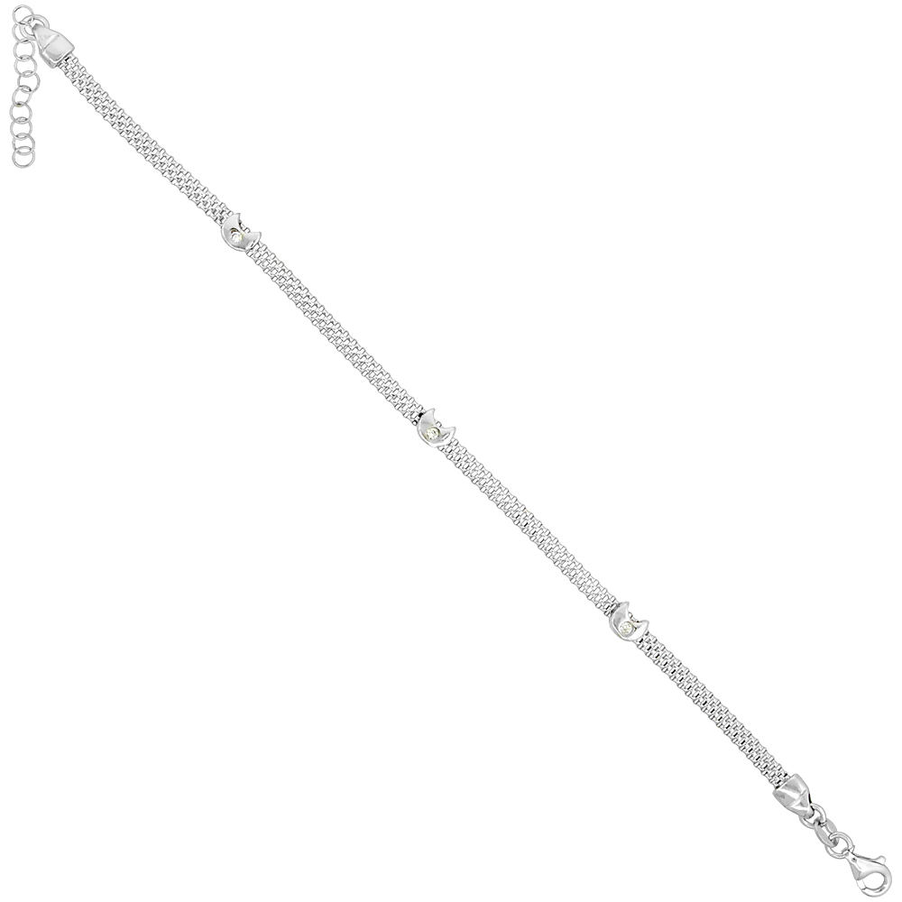 Sterling Silver Mesh Bracelet Crescent Moon CZ Accent Rhodium Finish, 7 inches long with 1 inch extension