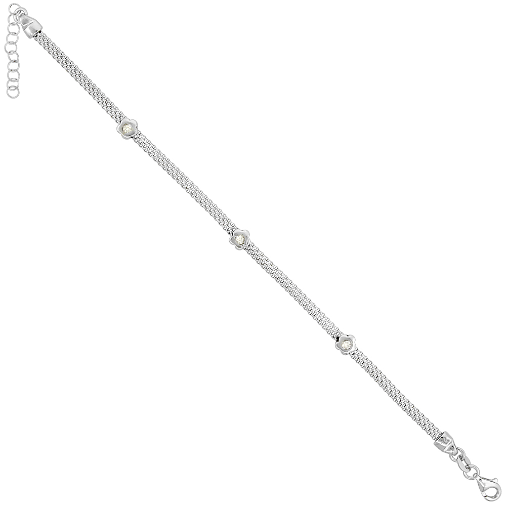 Sterling Silver Mesh Bracelet Flower CZ Accent Rhodium Finish, 7 inches long with 1 inch extension