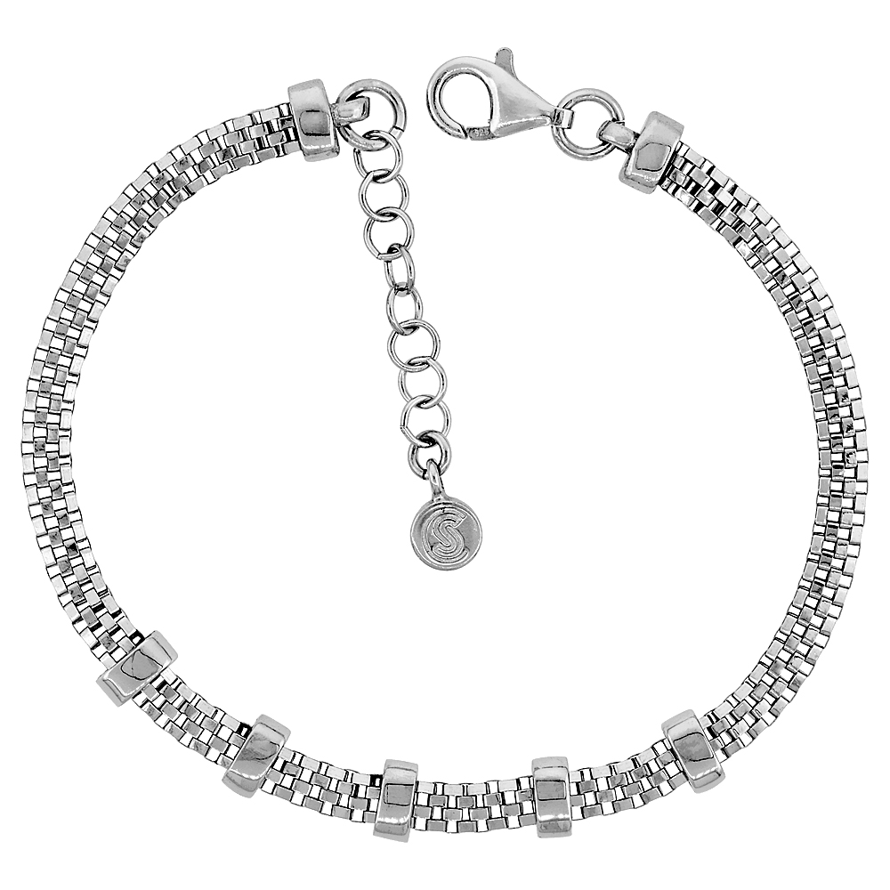 Sterling Silver Mesh Station Bracelet Rhodium Finish, 7 inches long + 1 inch extension