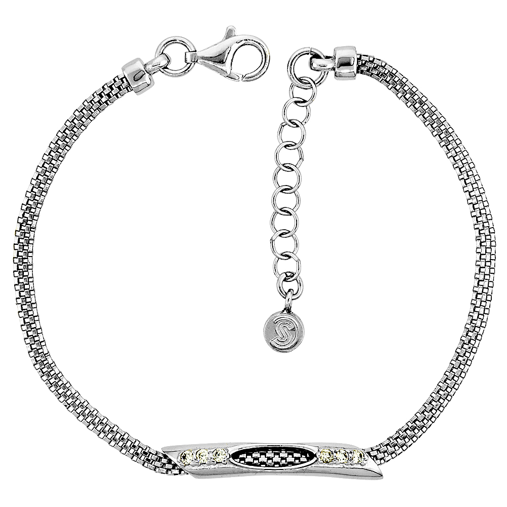 Sterling Silver Mesh Bracelet CZ Accent Rhodium Finish, 7 inch long + 1 inch extension