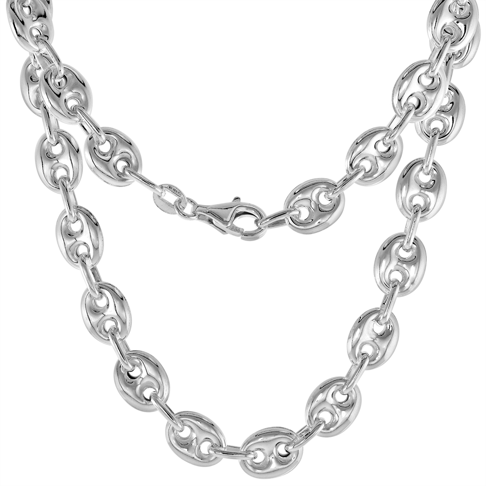 8MM STERLING SILVER PUFFED MARINER CHAIN NECKLACES & BRACELETS NICKEL FREE ITALY
