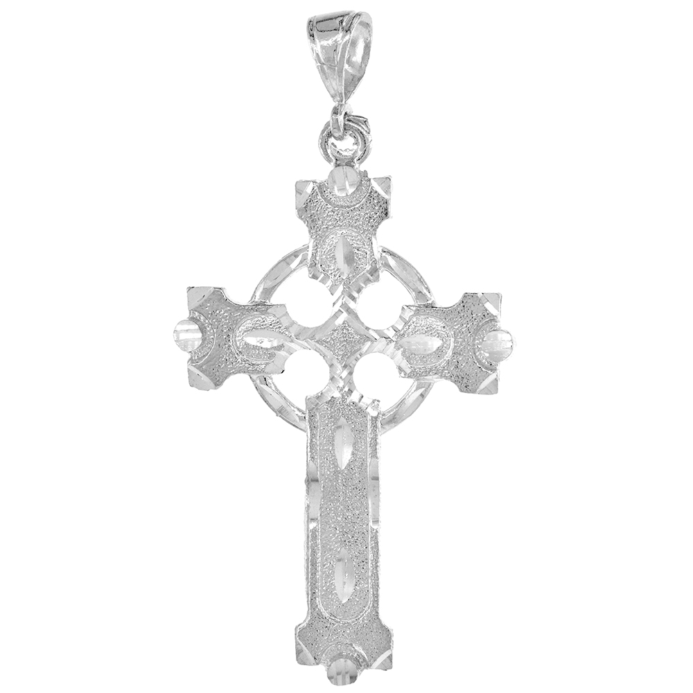 2 3/8 INCH LARGE STERLING SILVER CELTIC CROSS PENDANT FOR MEN DIAMOND CUT FINISH