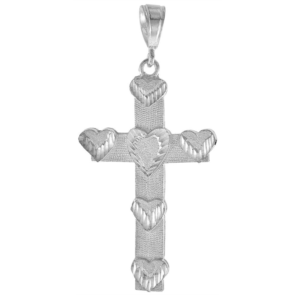 2 1/2 INCH LARGE STERLING SILVER HEARTS CROSS PENDANT FOR MEN DIAMOND CUT FINISH