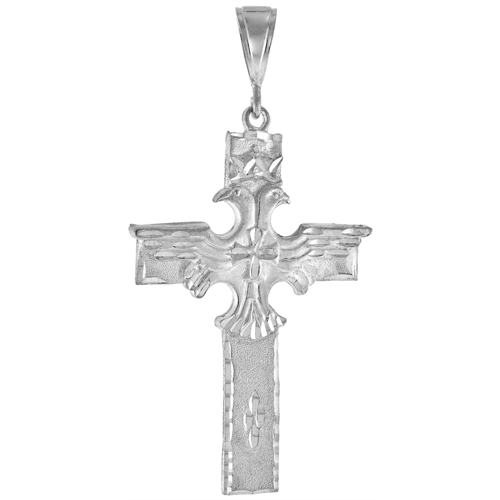 3 1/4 INCH LARGE STERLING SILVER DOUBLE HEADED EAGLE CROSS PENDANT FOR MEN DIAMOND CUT FINISH
