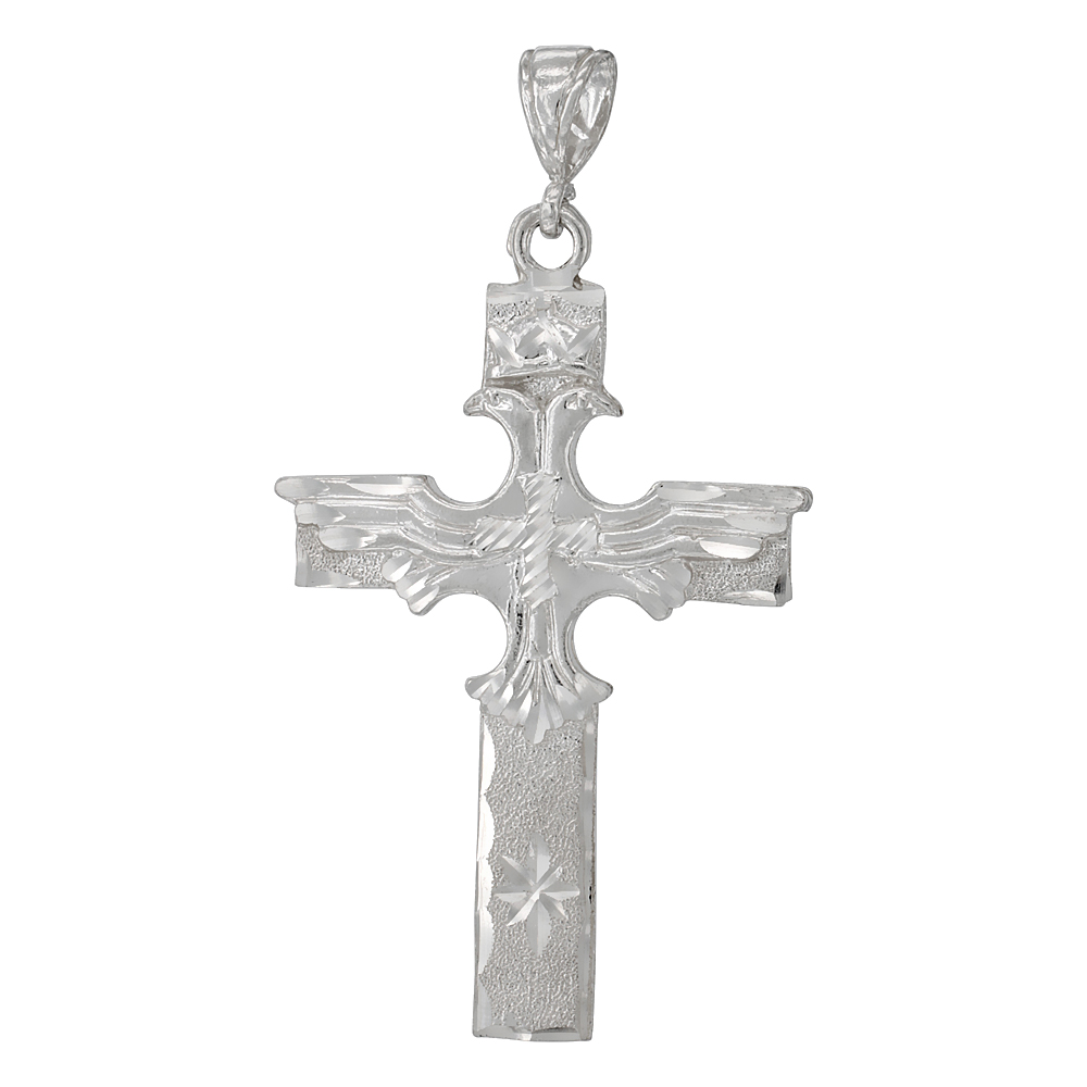 2 1/2 INCH LARGE STERLING SILVER DOUBLE HEADED EAGLE CROSS PENDANT FOR MEN DIAMOND CUT FINISH