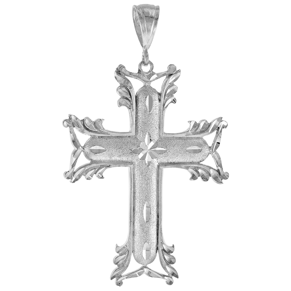 3 1/16 INCH LARGE STERLING SILVER CROSS PENDANT FOR MEN DIAMOND CUT FINISH