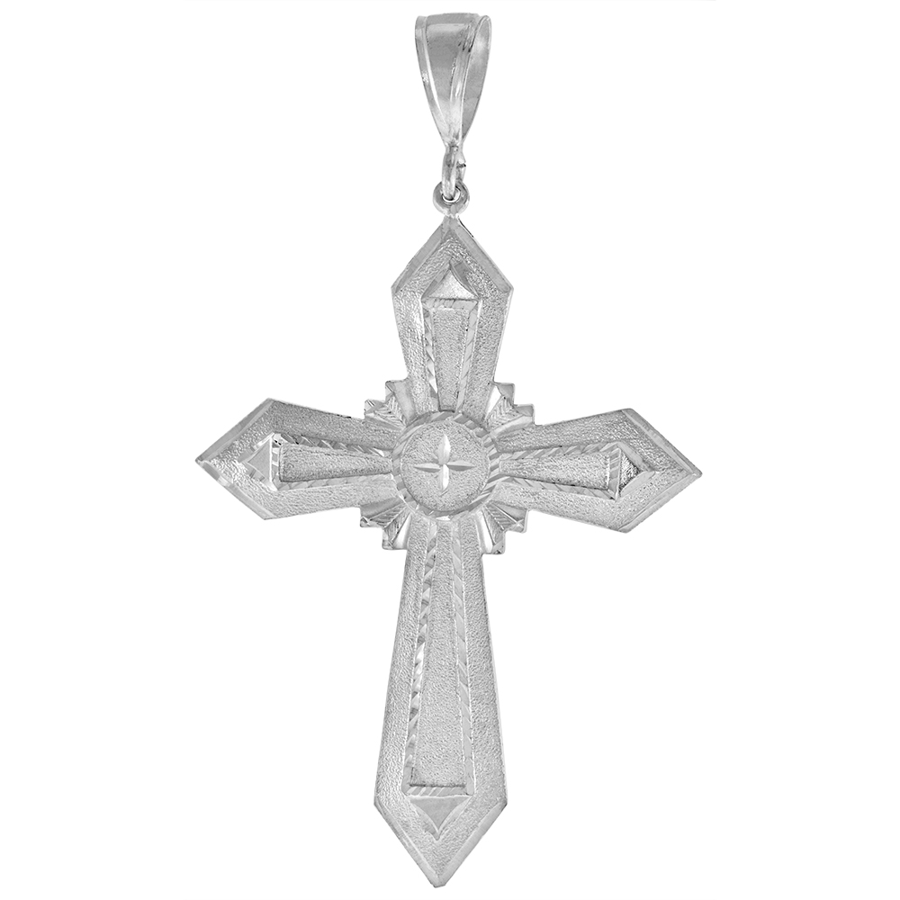 3 3/4 INCH LARGE STERLING SILVER CROSS PENDANT FOR MEN DIAMOND CUT FINISH