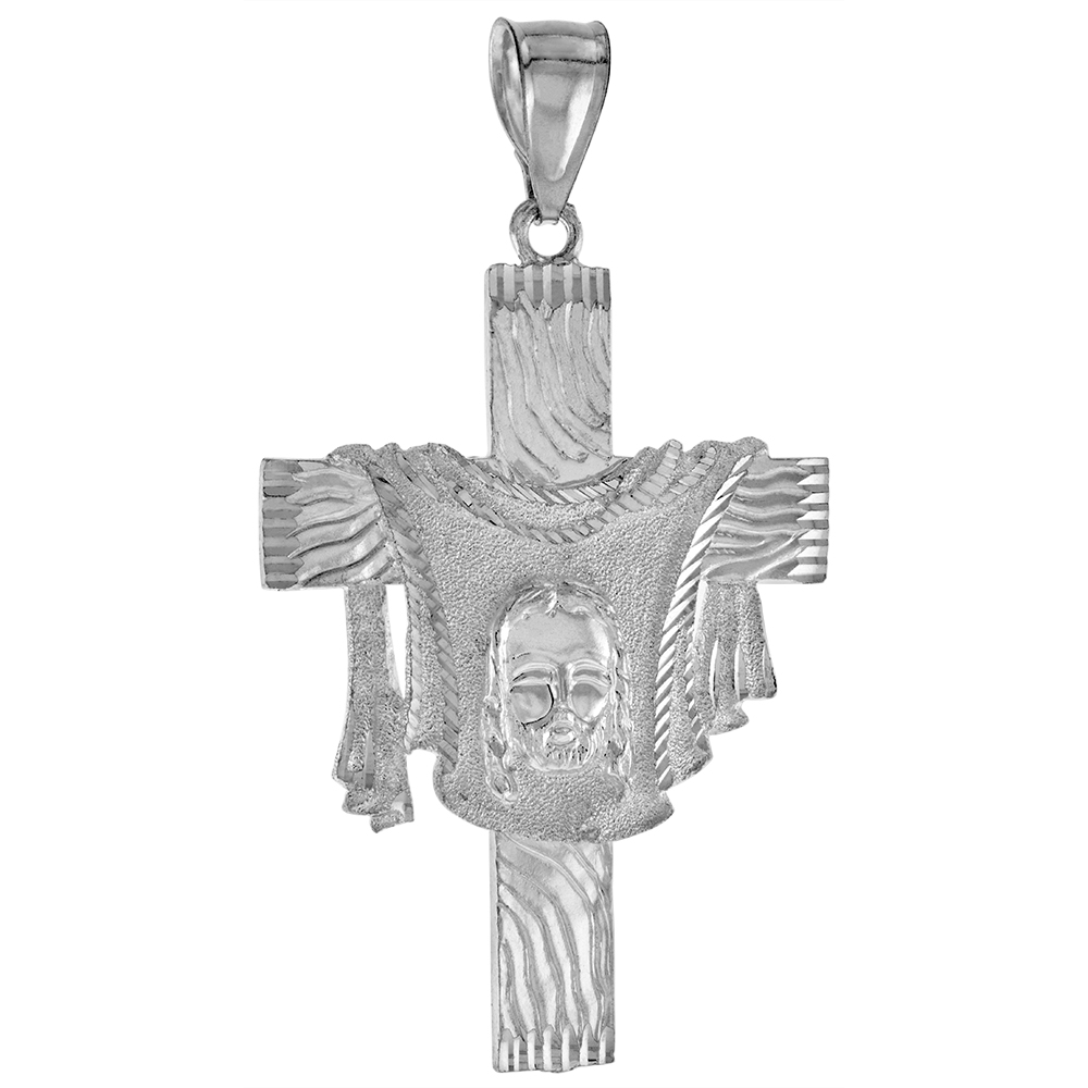 2 3/8 INCH LARGE STERLING SILVER SHROUDED CROSS PENDANT FOR MEN DIAMOND CUT FINISH