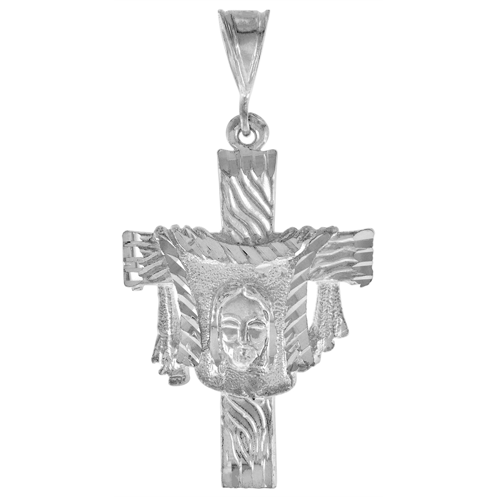 1 3/4 INCH LARGE STERLING SILVER SHROUDED CROSS PENDANT FOR MEN DIAMOND CUT FINISH