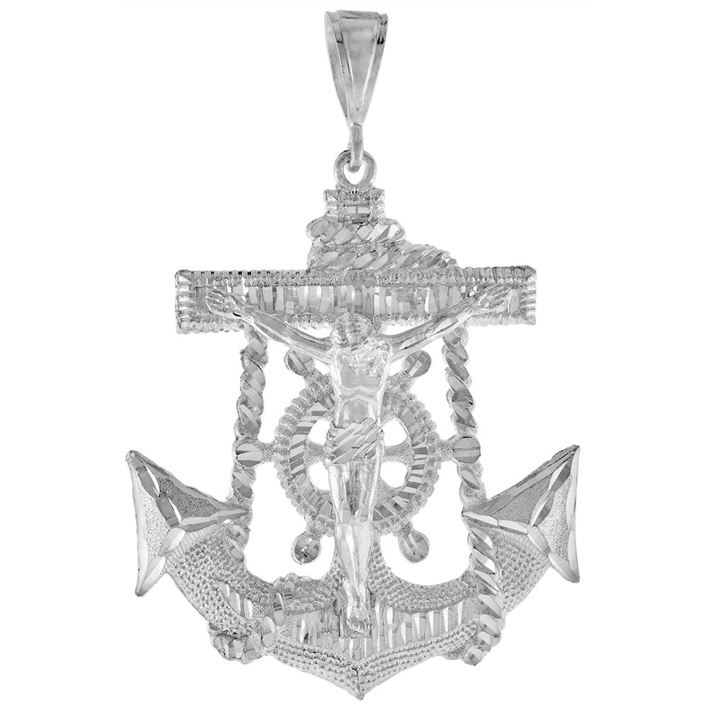 3 3/16 INCH LARGE STERLING SILVER ANCHOR WITH CRUCIFIX PENDANT FOR MEN DIAMOND CUT FINISH