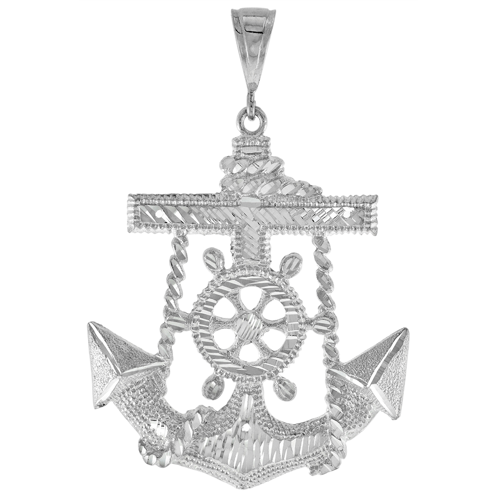 2 1/2 INCH LARGE STERLING SILVER ANCHOR WITH CRUCIFIX PENDANT FOR MEN DIAMOND CUT FINISH