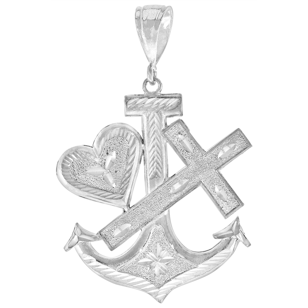 2 3/16 INCH LARGE STERLING SILVER ANCHOR CROSS AND HEART PENDANT FOR MEN DIAMOND CUT FINISH