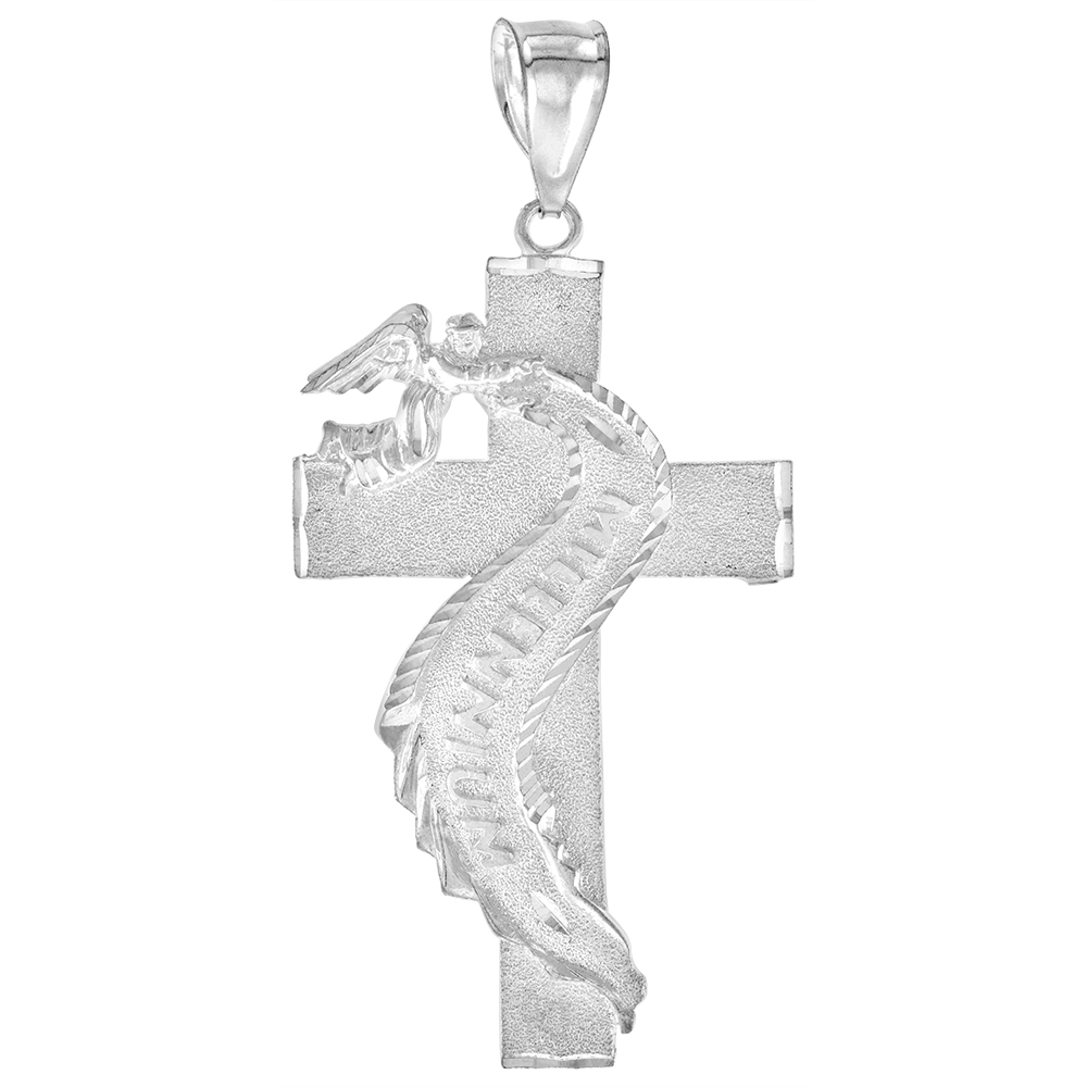2 1/2 INCH LARGE STERLING SILVER CROSS PENDANT FOR MEN DIAMOND CUT FINISH WITH ANGEL