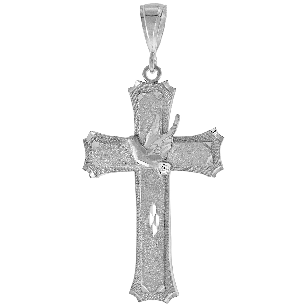 3 3/16 INCH LARGE STERLING SILVER CROSS WITH DOVE PENDANT FOR MEN DIAMOND CUT FINISH