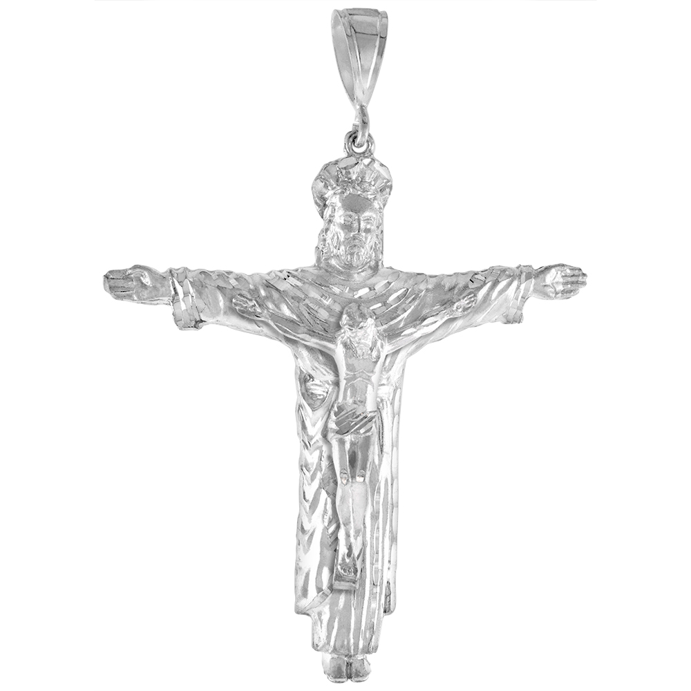 3 7/8 INCH LARGE STERLING SILVER CRUCIFIX PENDANT FOR MEN DIAMOND CUT FINISH