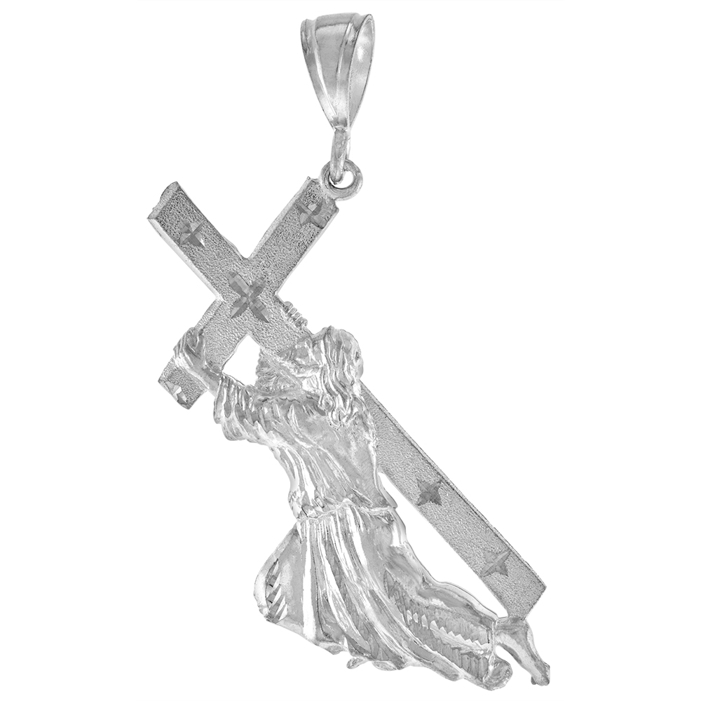 3 1/2 INCH LARGE STERLING SILVER CHRIST CARRYING THE CROSS PENDANT FOR MEN DIAMOND CUT FINISH