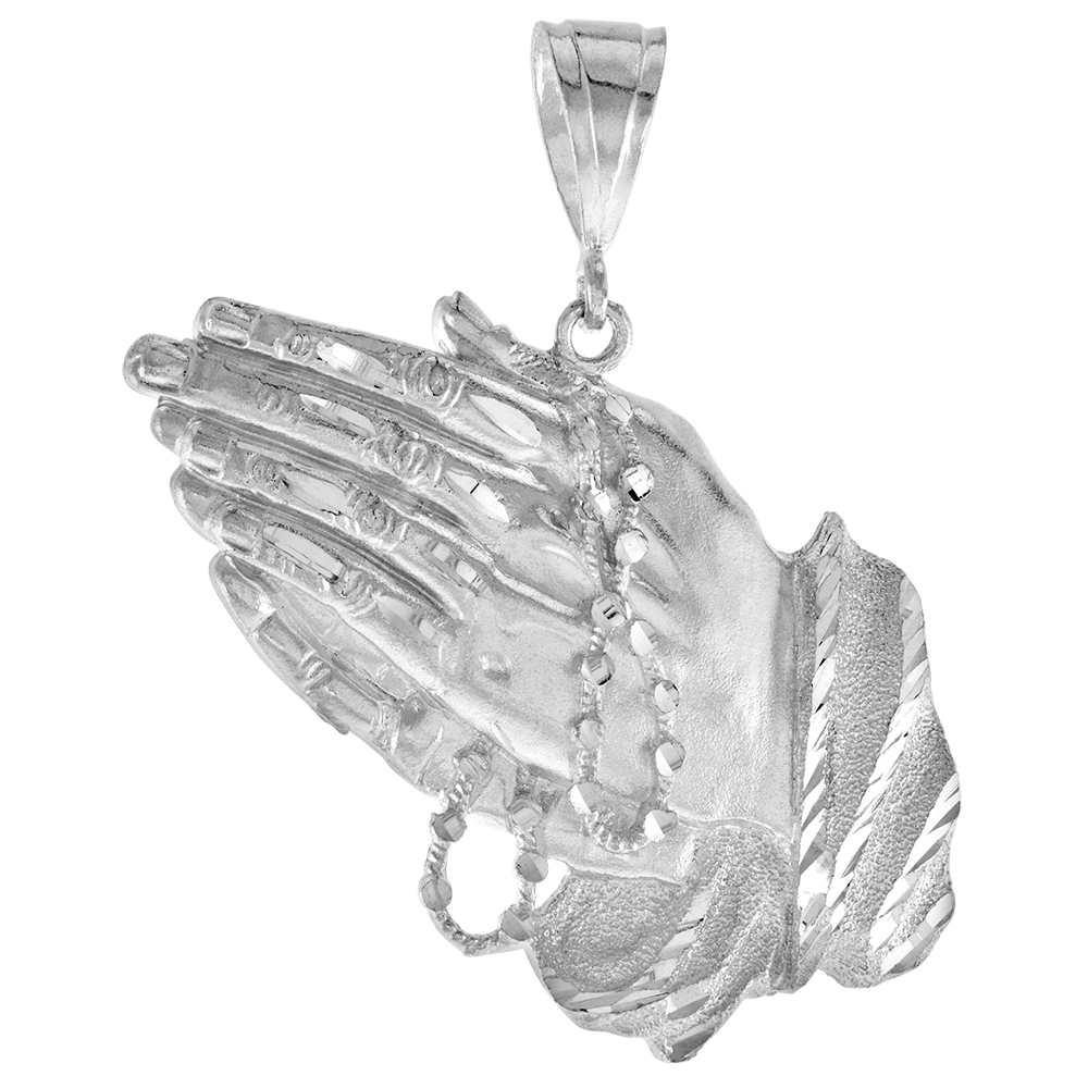 2 5/8 INCH LARGE STERLING SILVER PRAYING HAND WITH ROSARY PENDANT FOR MEN DIAMOND CUT FINISH