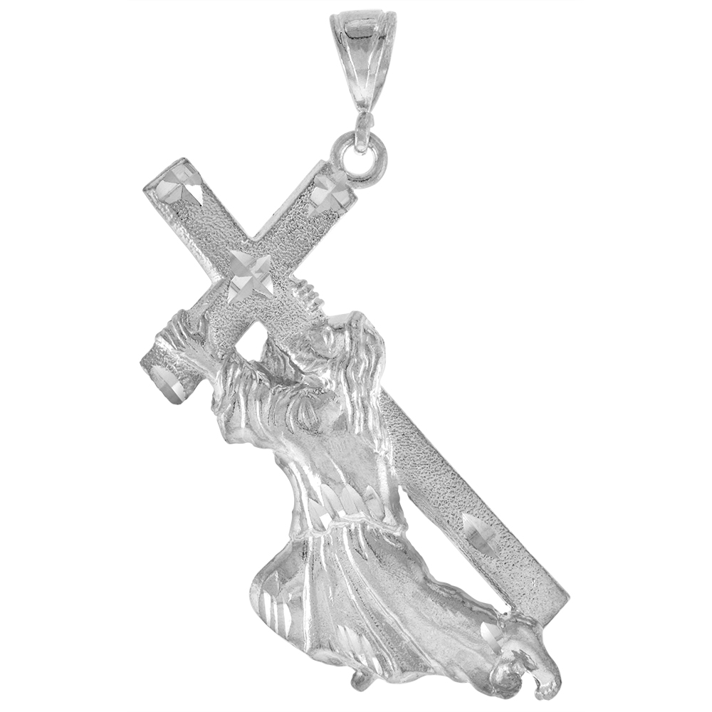2 5/8 INCH LARGE STERLING SILVER CHRIST CARRYING THE CROSS PENDANT FOR MEN DIAMOND CUT FINISH