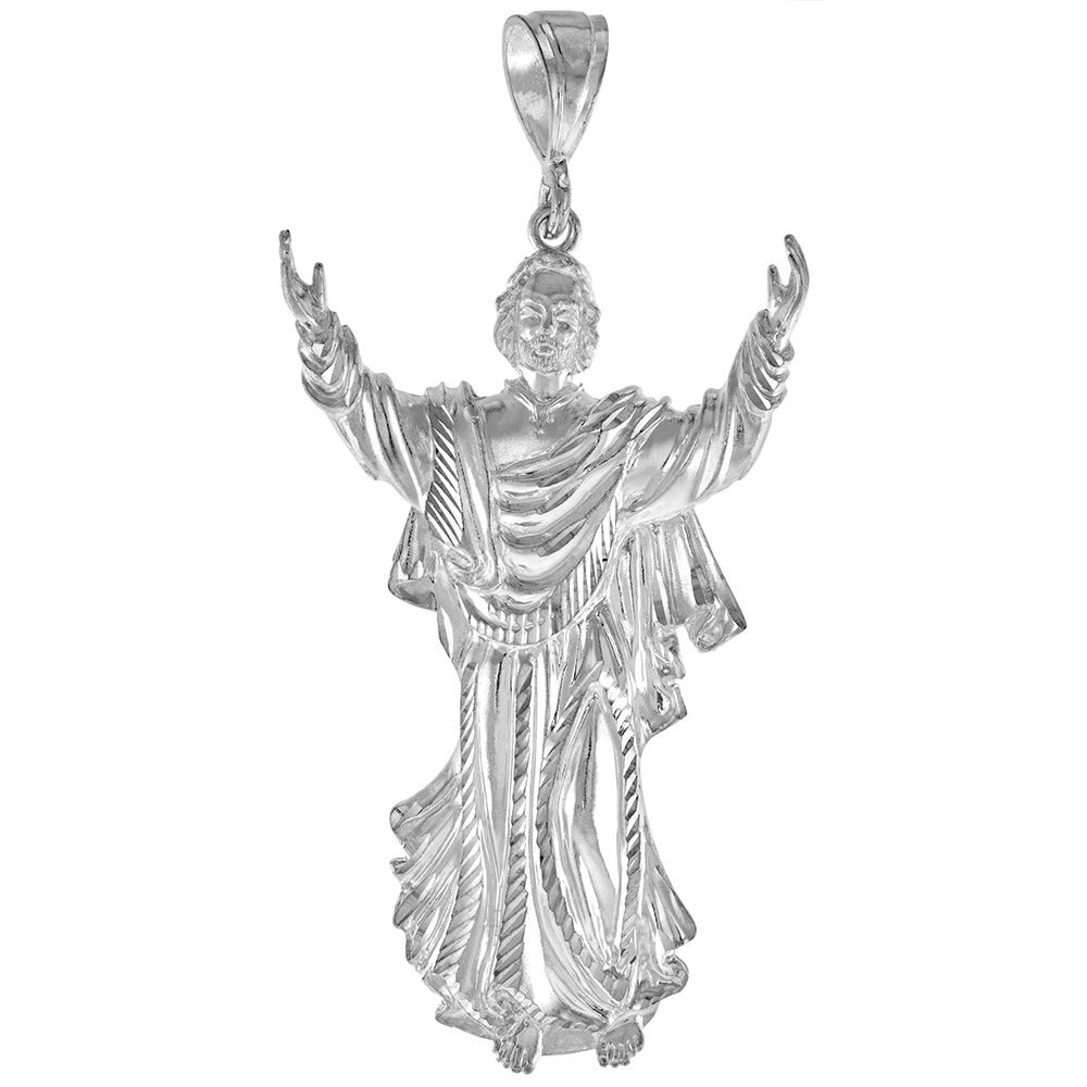 3 1/2 INCH LARGE STERLING SILVER CHRIST PENDANT FOR MEN DIAMOND CUT FINISH