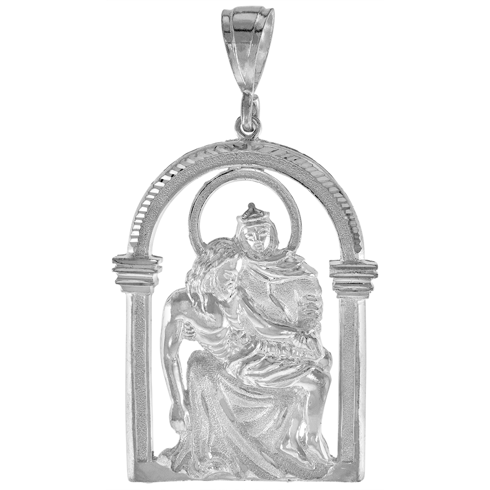 2 5/8 INCH LARGE STERLING SILVER MARY AND CHRIST PENDANT FOR MEN DIAMOND CUT FINISH