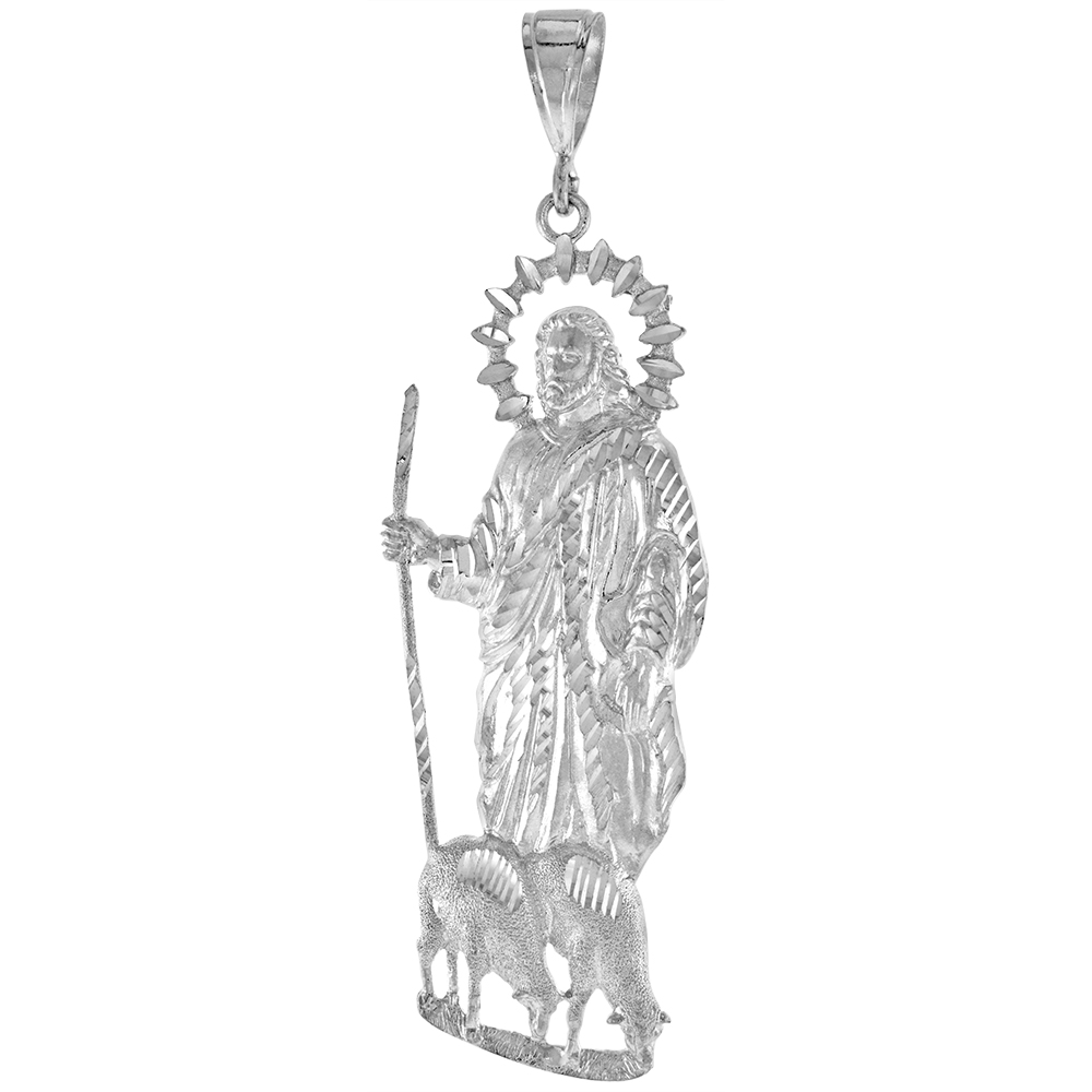 4 1/8 INCH LARGE STERLING SILVER ST. LAZARUS PENDANT FOR MEN DIAMOND CUT FINISH