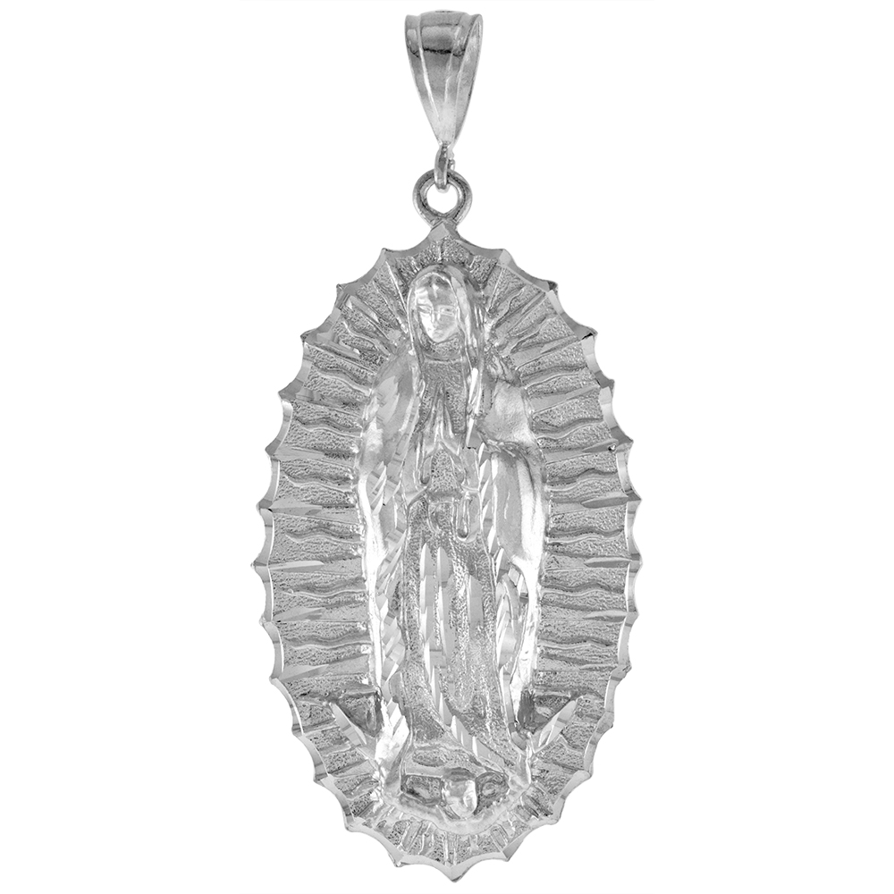 3 1/4 INCH LARGE STERLING SILVER GUADALUPE PENDANT FOR MEN DIAMOND CUT FINISH