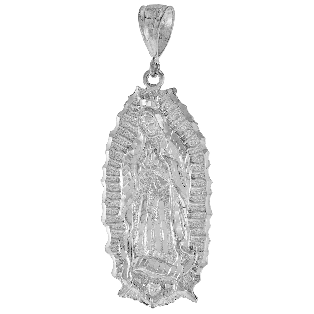 2 1/2 INCH LARGE STERLING SILVER GUADALUPE PENDANT FOR MEN DIAMOND CUT FINISH