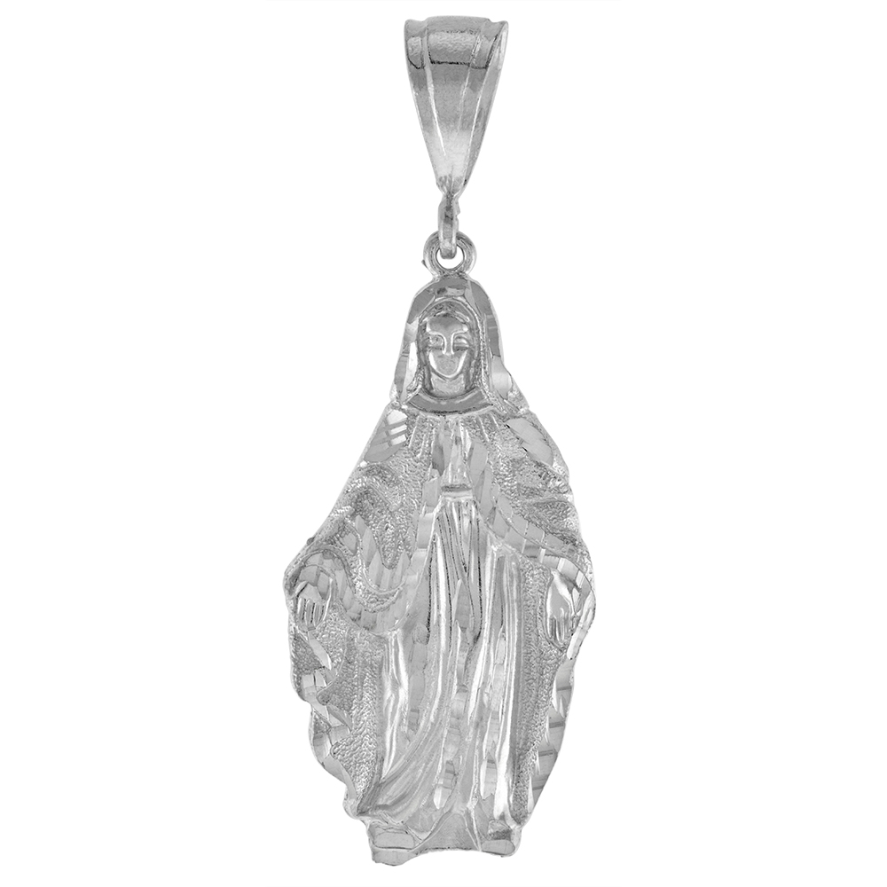 2 3/16 INCH LARGE STERLING SILVER MOTHER MARY PENDANT FOR MEN DIAMOND CUT FINISH