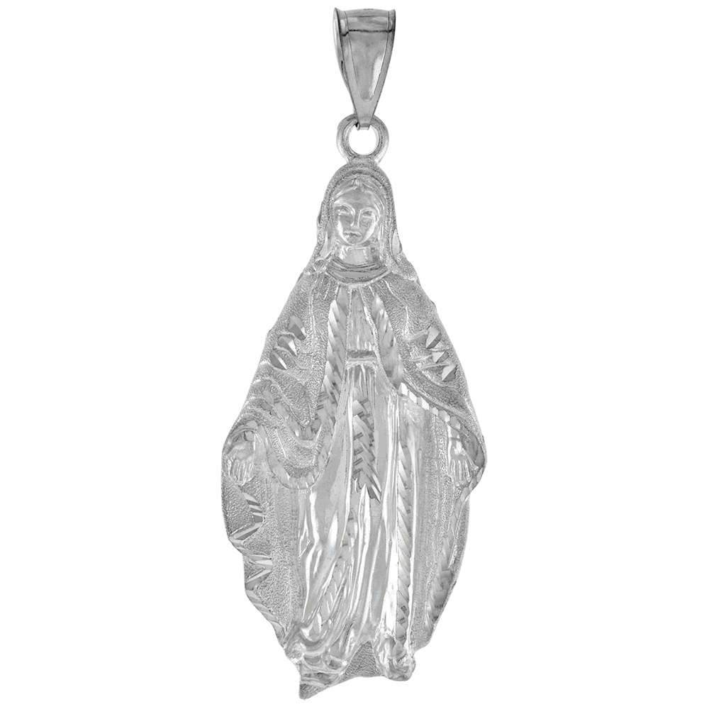 2 3/4 INCH LARGE STERLING SILVER MOTHER MARY PENDANT FOR MEN DIAMOND CUT FINISH