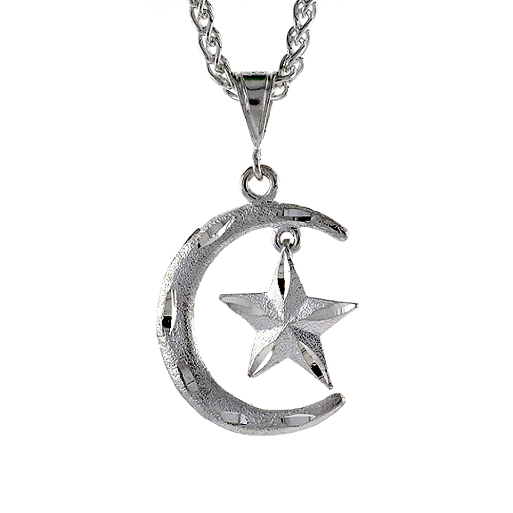1 1/4 INCH LARGE STERLING SILVER CRESCENT MOON AND STAR PENDANT FOR MEN DIAMOND CUT FINISH