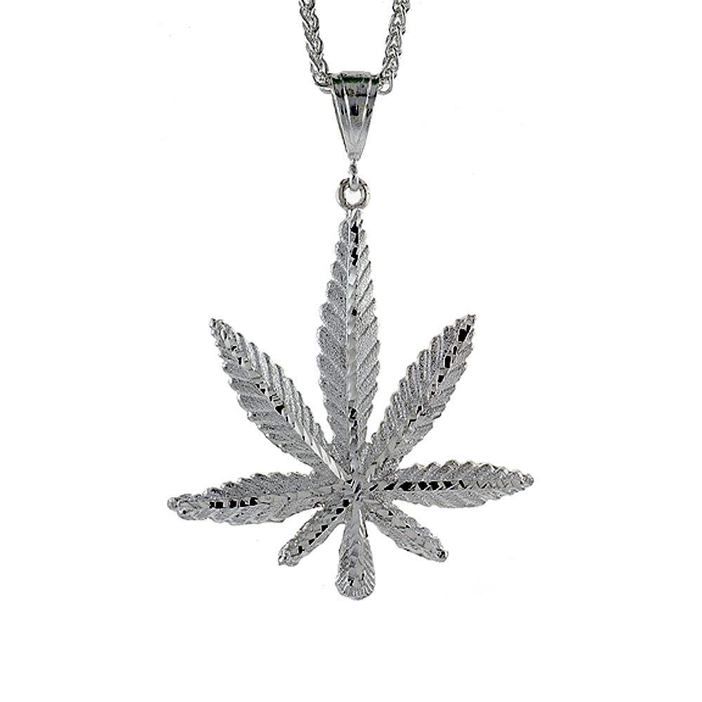2 3/4 INCH LARGE STERLING SILVER POT LEAF PENDANT FOR MEN DIAMOND CUT FINISH