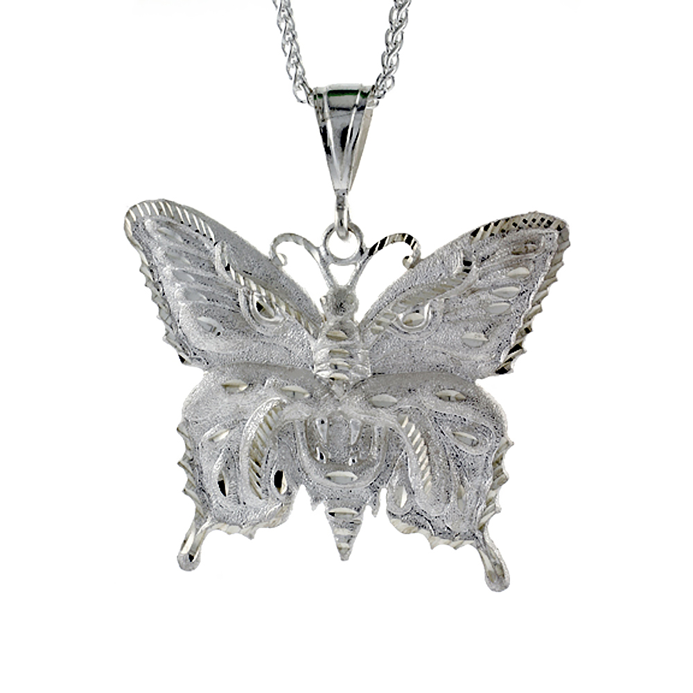 2 1/2 INCH LARGE STERLING SILVER BUTTERFLY PENDANT FOR MEN DIAMOND CUT FINISH