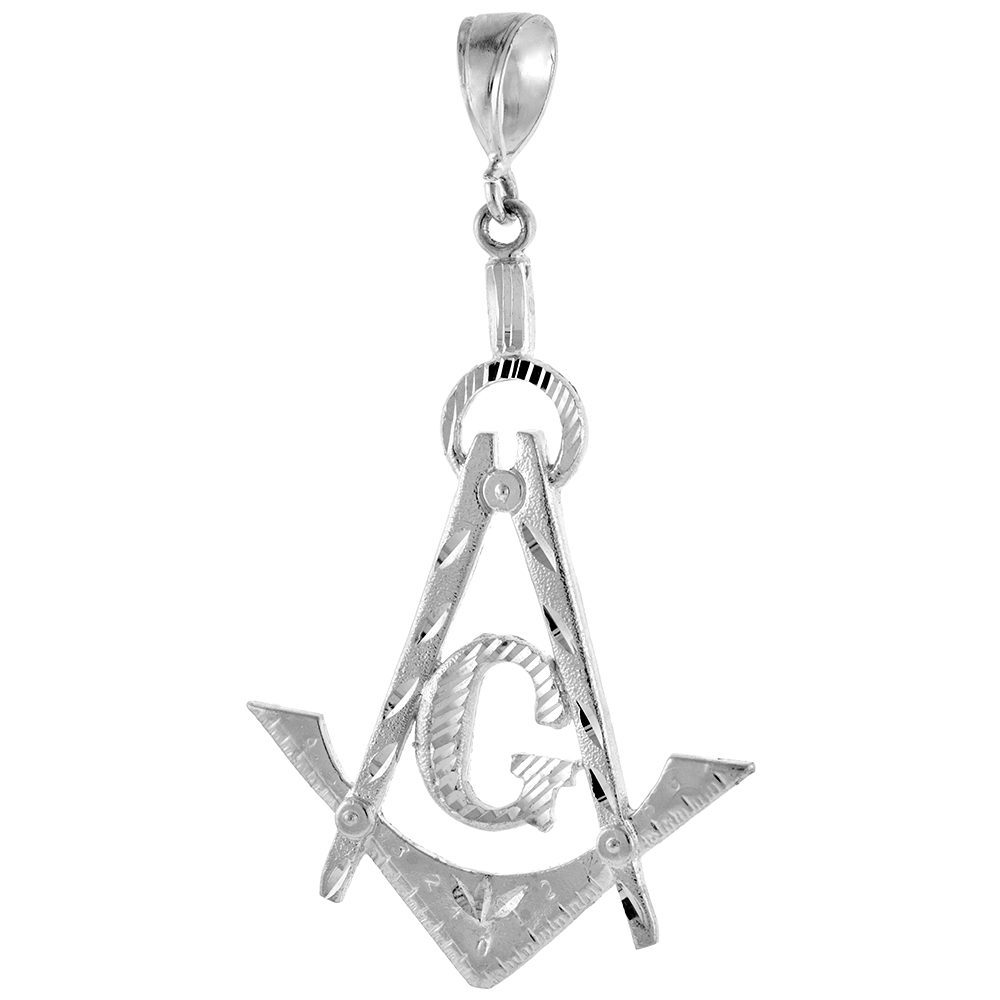 3 1/2 INCH LARGE STERLING SILVER MASONRY PENDANT FOR MEN DIAMOND CUT FINISH