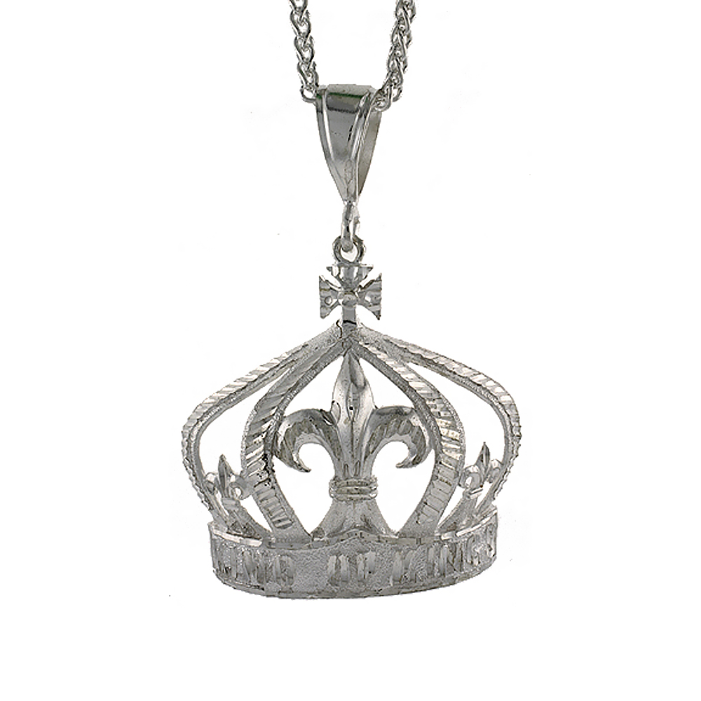 2 INCH LARGE STERLING SILVER CROWN PENDANT FOR MEN DIAMOND CUT FINISH