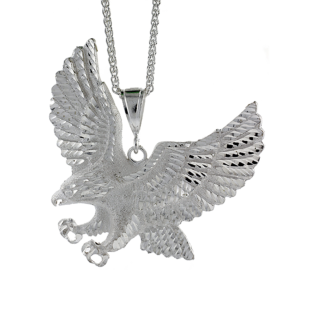 3 1/2 INCH LARGE STERLING SILVER EAGLE PENDANT FOR MEN DIAMOND CUT FINISH