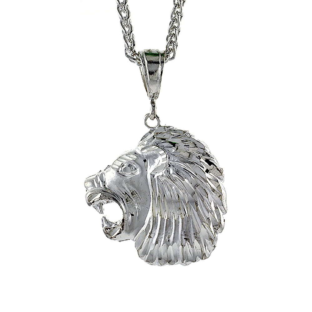 1 1/2 INCH LARGE STERLING SILVER LIONS HEAD PENDANT FOR MEN DIAMOND CUT FINISH