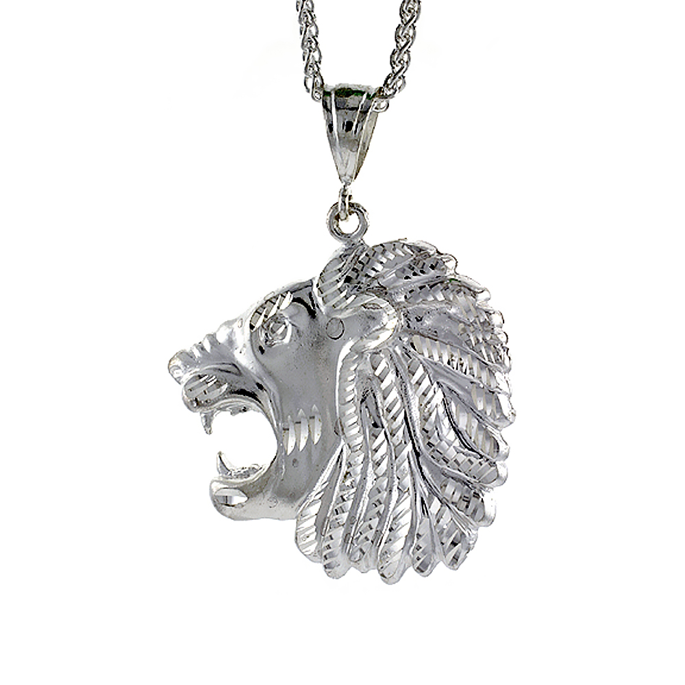 2 1/8 INCH LARGE STERLING SILVER LIONS HEAD PENDANT FOR MEN DIAMOND CUT FINISH