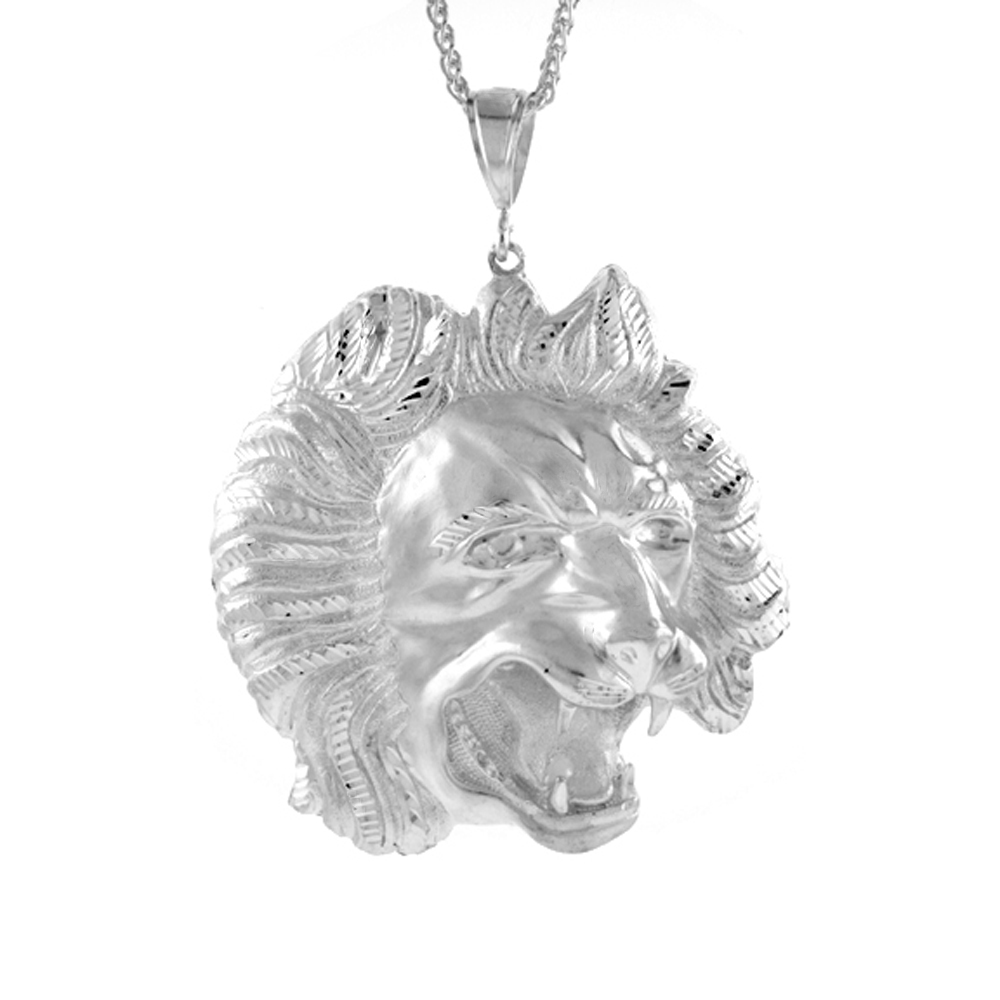 3 3/8 INCH LARGE STERLING SILVER LIONS HEAD PENDANT FOR MEN DIAMOND CUT FINISH